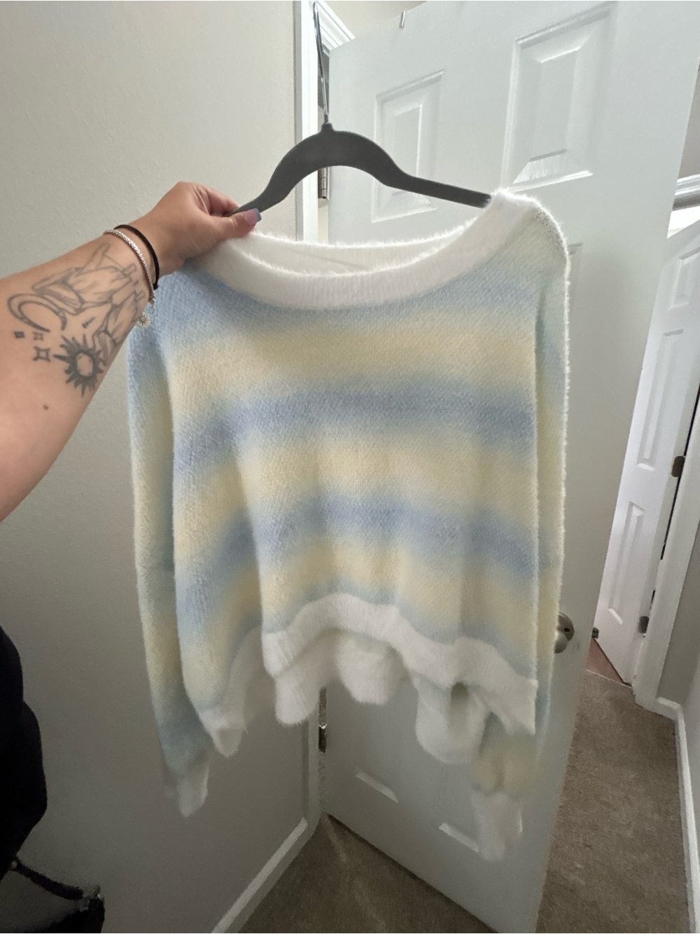 ARULA Pastel Striped Off-the-Shoulder Sweater in White, Light Blue & Cream